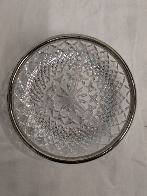 Vintage Cut Glass Divided Serving Dish with Silver-Tone Rim
