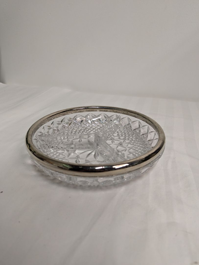Vintage Cut Glass Divided Serving Dish with Silver-Tone Rim