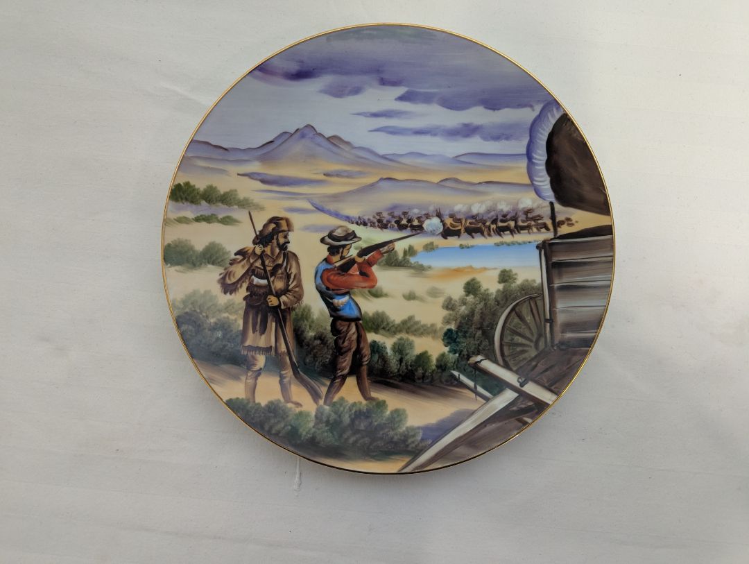 Hand-Painted Oval Porcelain Plate with Figural Landscape Scene