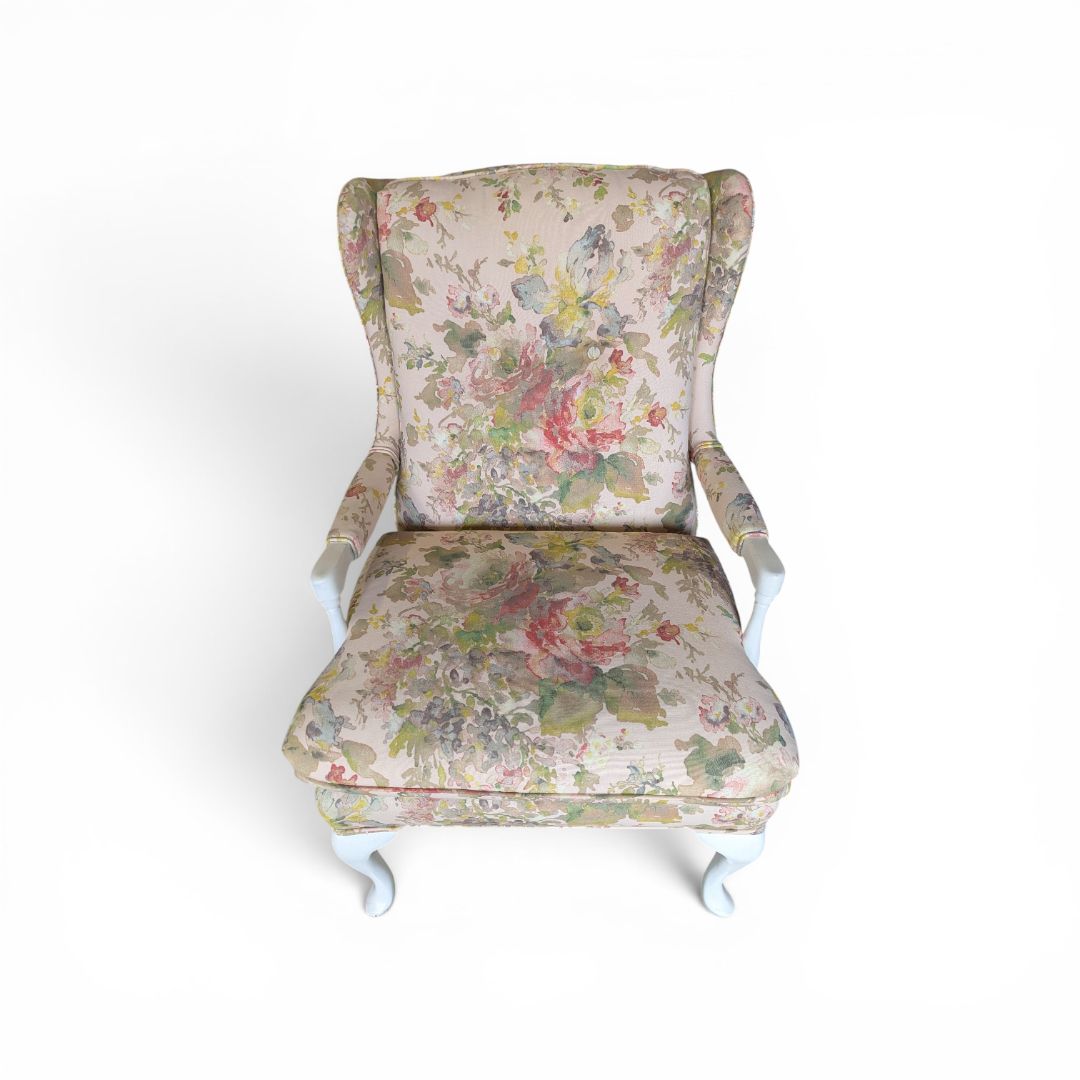Floral Upholstered Accent Chair with White Painted Frame