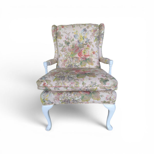 Floral Upholstered Accent Chair with White Painted Frame