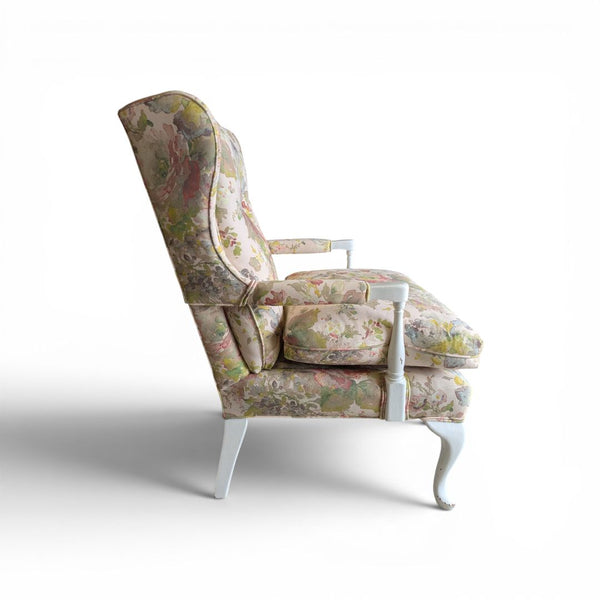 Floral Upholstered Accent Chair with White Painted Frame