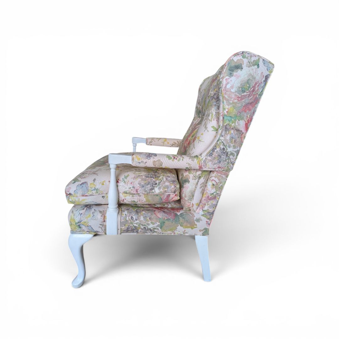 Floral Upholstered Accent Chair with White Painted Frame