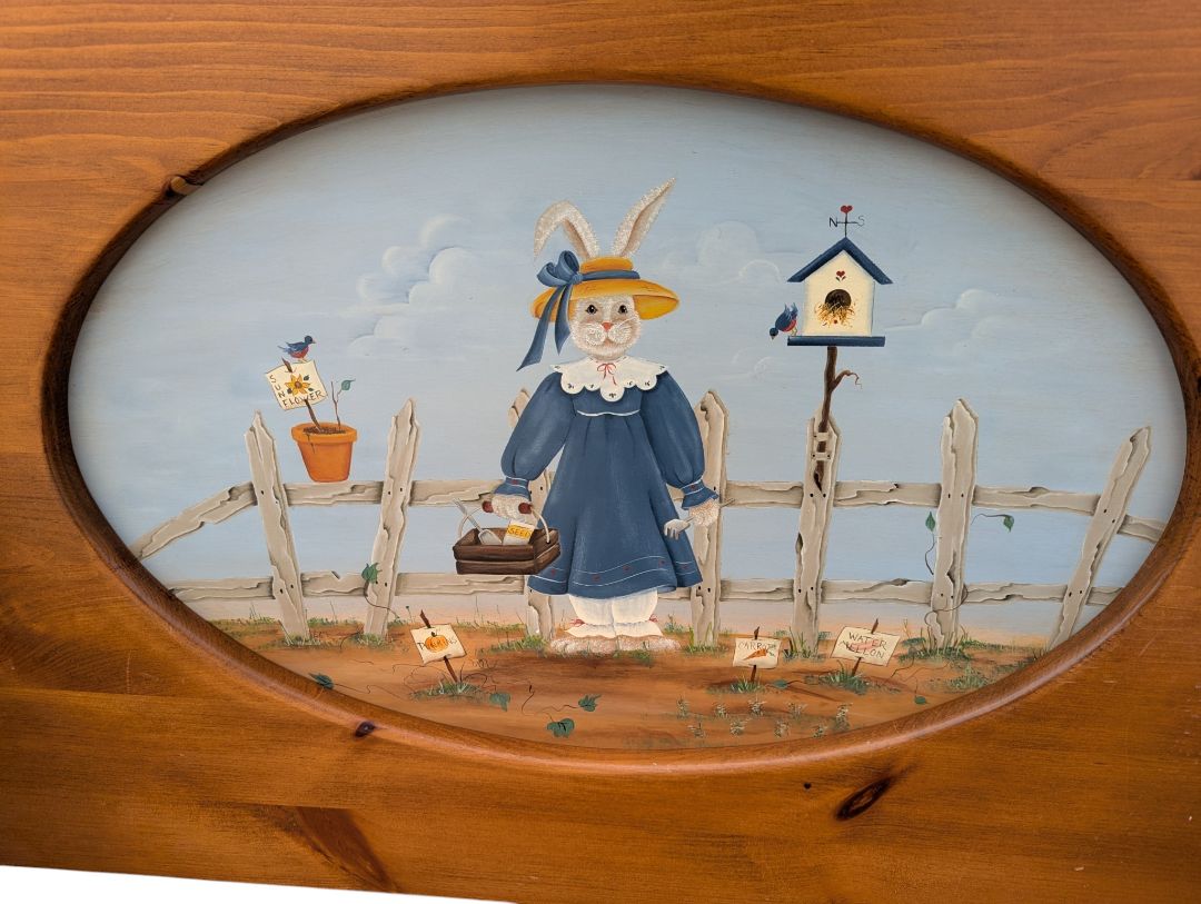 Wooden Bench with Hand-Painted Bunny Panel