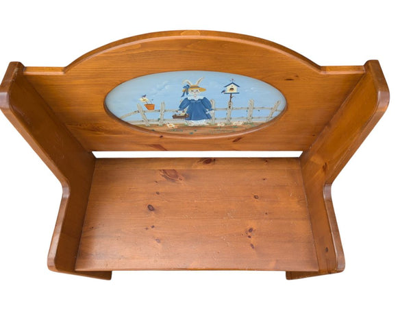 Wooden Bench with Hand-Painted Bunny Panel