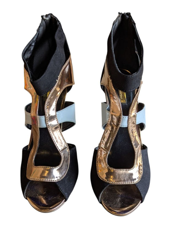 Glamour Black, Gold & White Strappy Peep-Toe Stiletto Heels