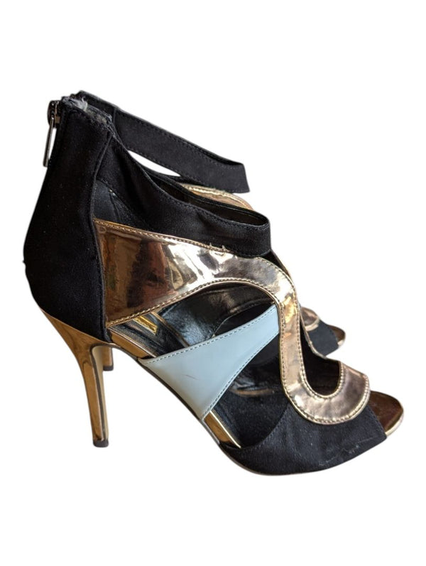 Glamour Black, Gold & White Strappy Peep-Toe Stiletto Heels