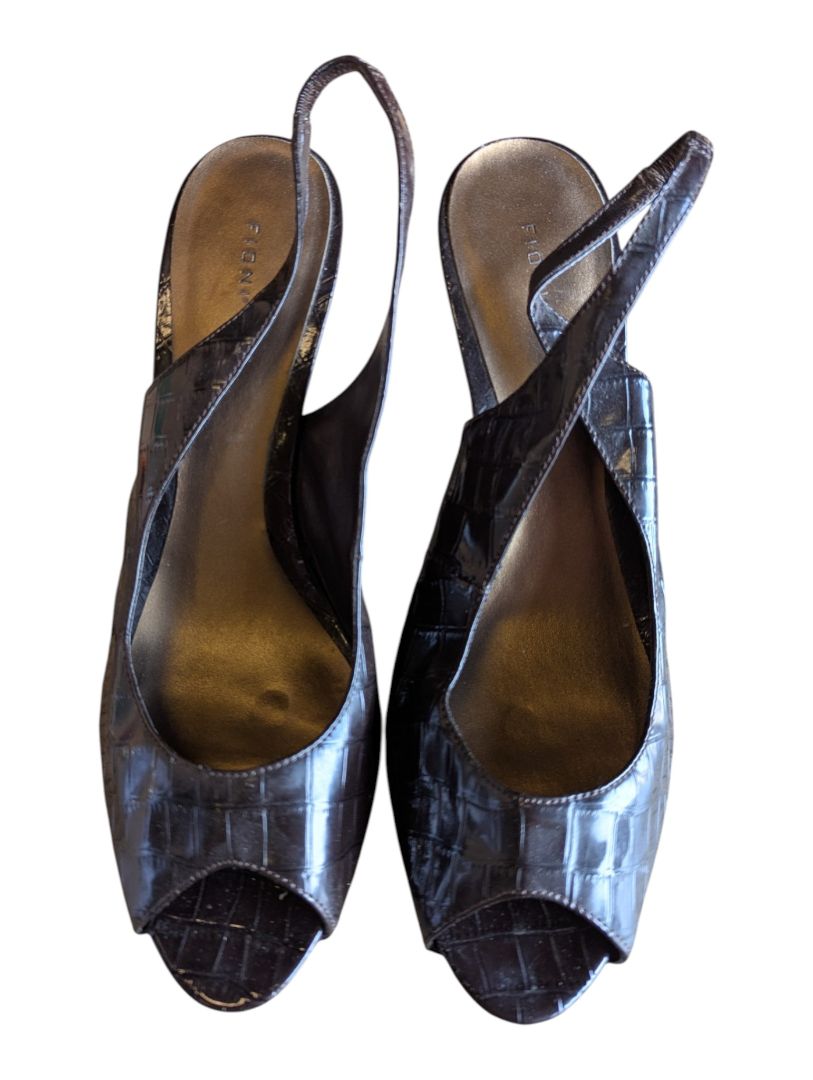 Fioni Brown Croc-Embossed Peep-Toe Slingback Heels