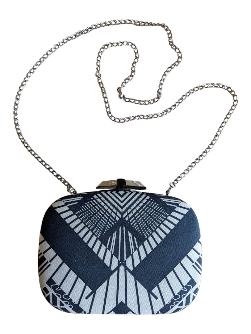 Karen Millen Black & White Graphic Box Clutch Evening Bag with Chain Strap