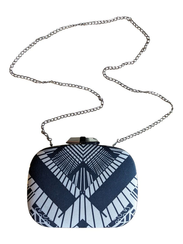 Karen Millen Black & White Graphic Box Clutch Evening Bag with Chain Strap