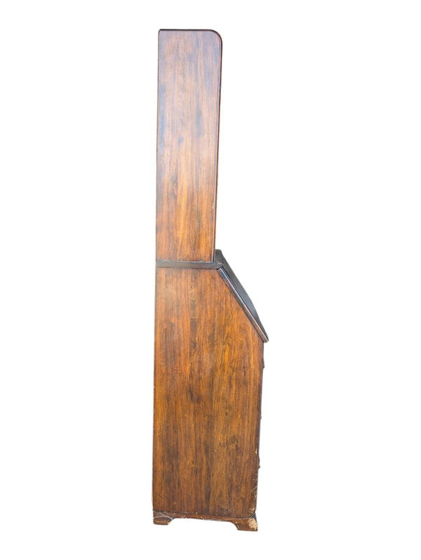 Vintage Wood Secretary Desk with Glass Door Hutch