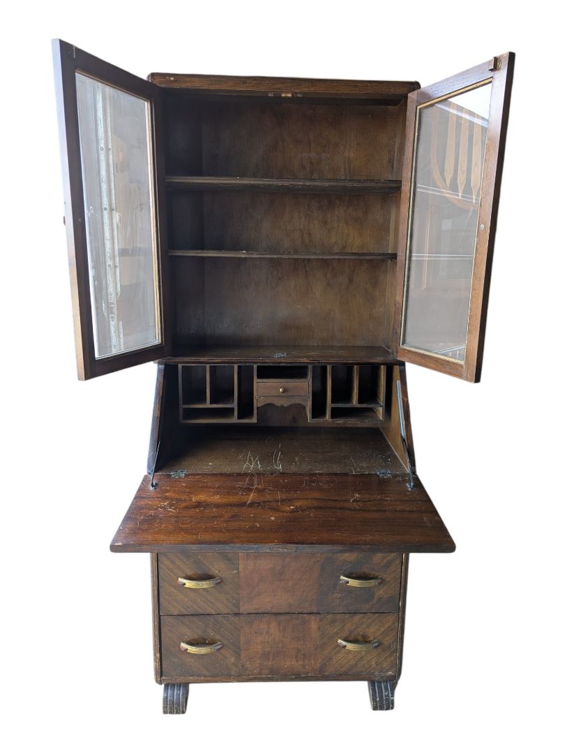 Vintage Wood Secretary Desk with Glass Door Hutch