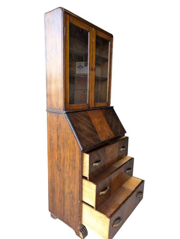 Vintage Wood Secretary Desk with Glass Door Hutch