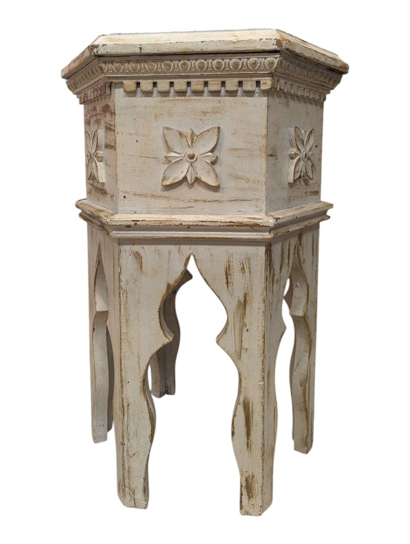 Vintage Distressed White Carved Accent Table
