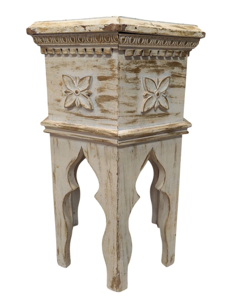 Vintage Distressed White Carved Accent Table