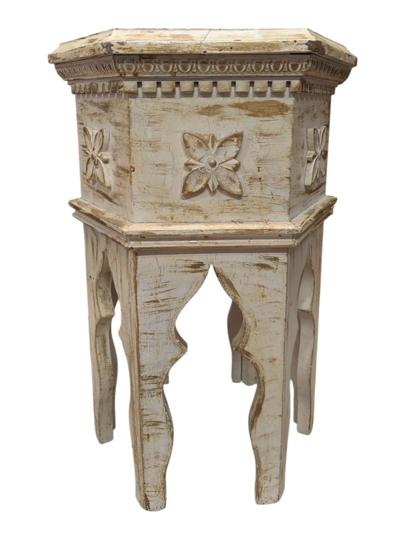Vintage Distressed White Carved Accent Table