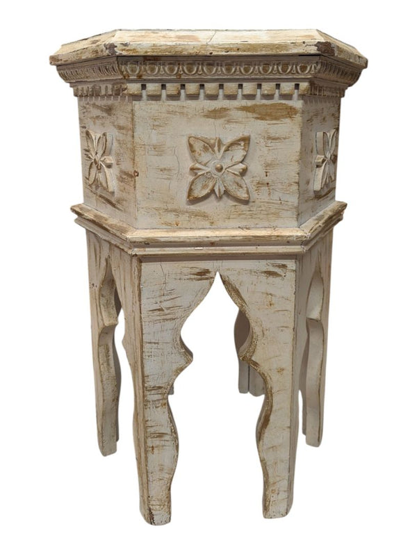 Vintage Distressed White Carved Accent Table