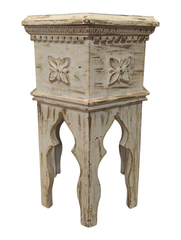 Vintage Distressed White Carved Accent Table