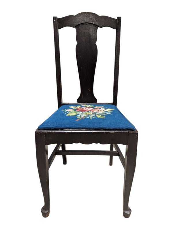 Vintage Black Wood Chair with Blue Floral Needlepoint Seat