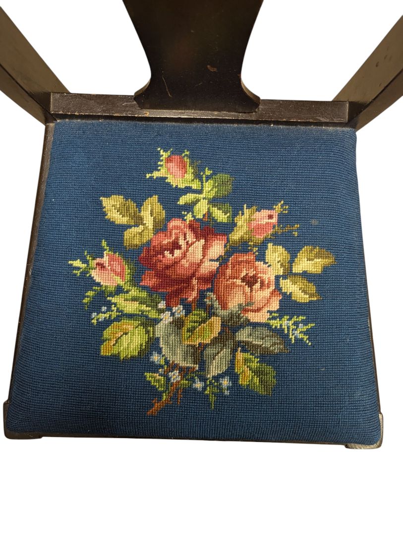 Vintage Black Wood Chair with Blue Floral Needlepoint Seat