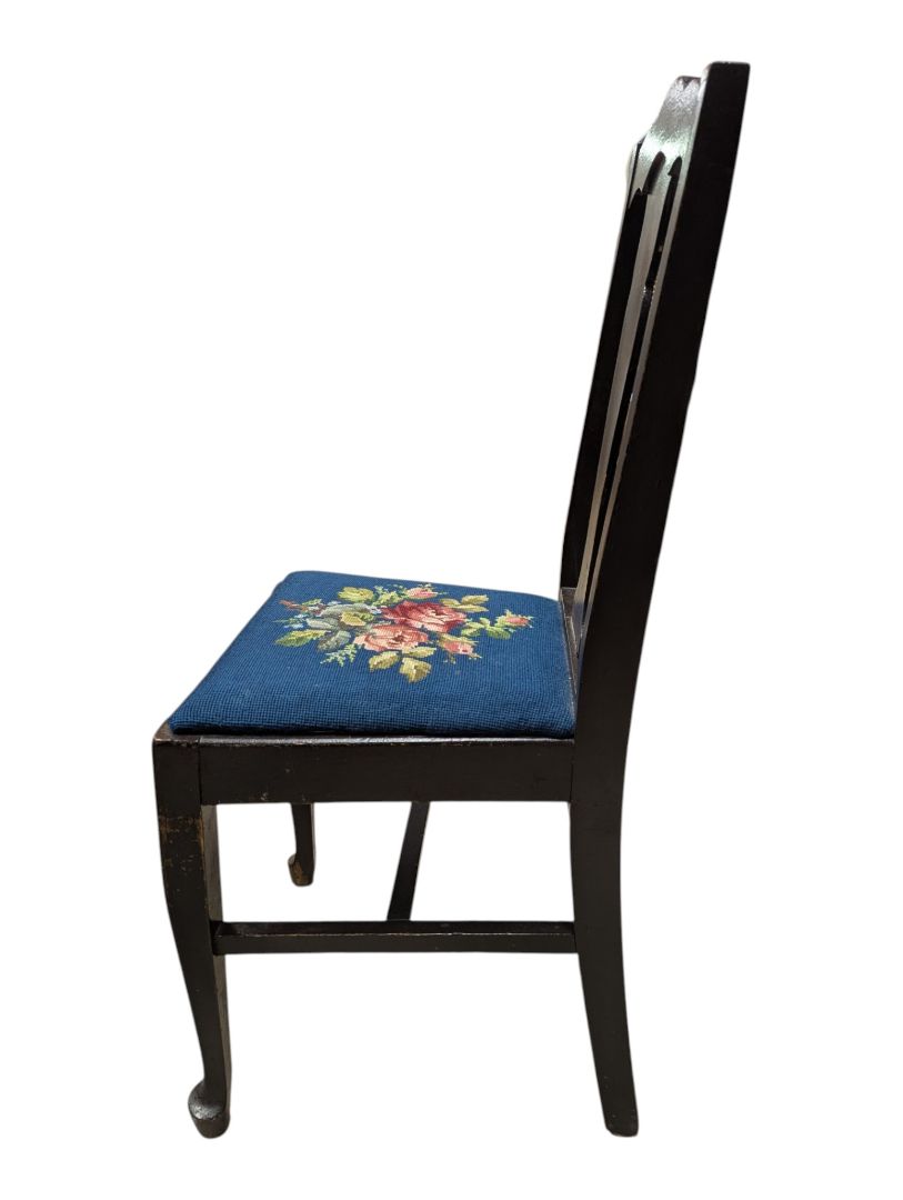 Vintage Black Wood Chair with Blue Floral Needlepoint Seat