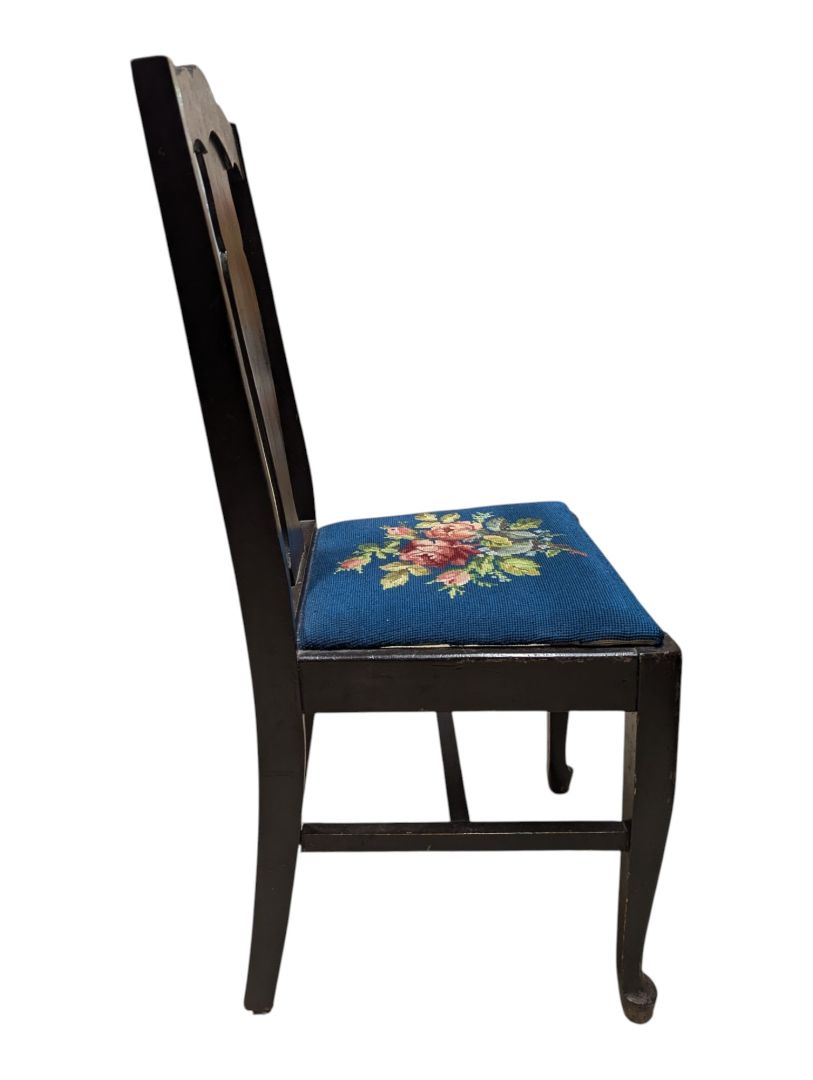 Vintage Black Wood Chair with Blue Floral Needlepoint Seat
