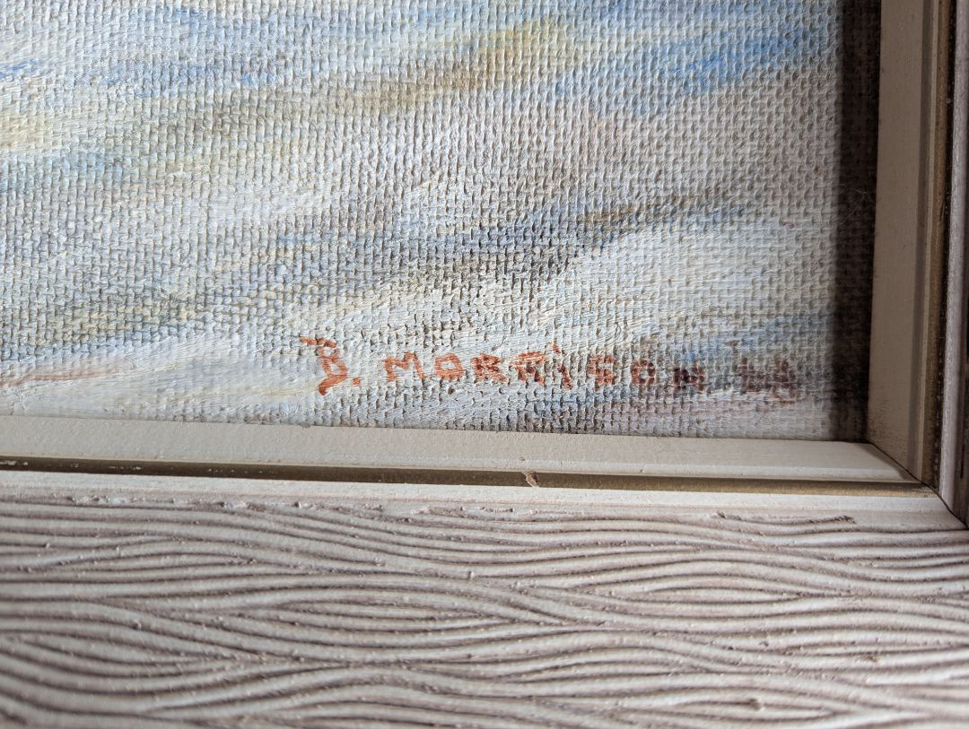 Framed Winter Village Landscape Painting Signed J. Morrison
