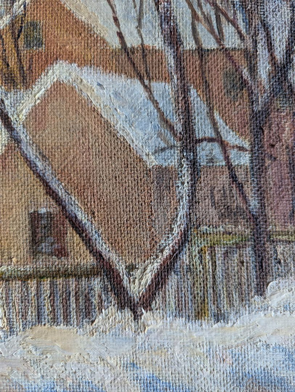 Framed Winter Village Landscape Painting Signed J. Morrison