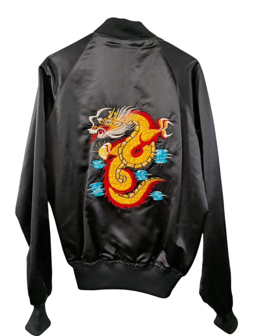 Black Satin Dragon Embroidered Bomber Jacket