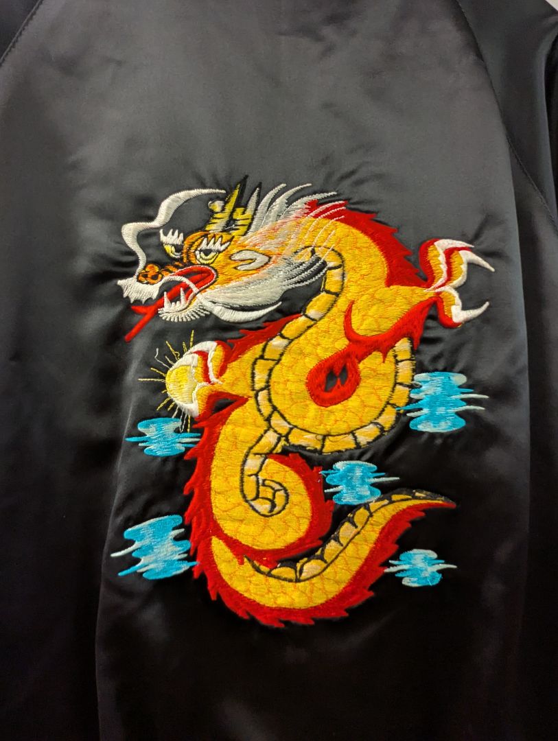 Black Satin Dragon Embroidered Bomber Jacket
