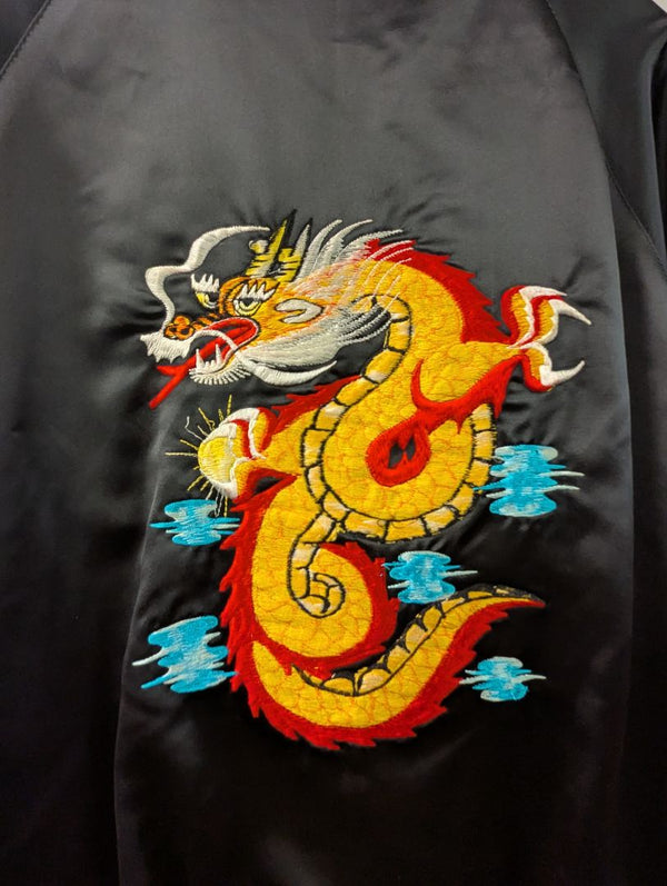 Black Satin Dragon Embroidered Bomber Jacket
