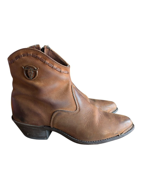 Brown Leather Western-Style Ankle Boots