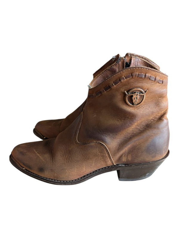 Brown Leather Western-Style Ankle Boots