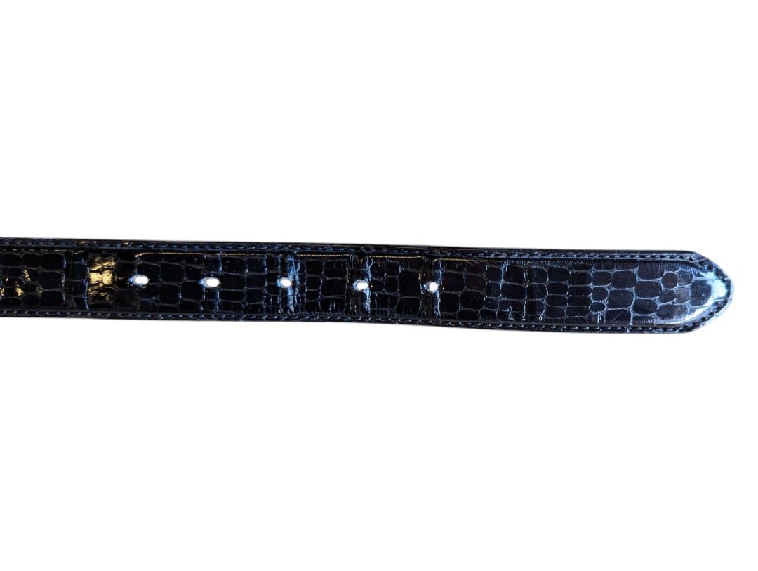Black Croc-Embossed Leather Belt with Silver-Tone Buckle