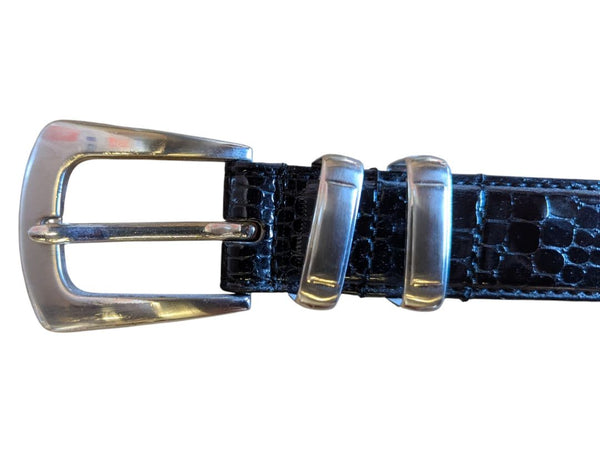 Black Croc-Embossed Leather Belt with Silver-Tone Buckle