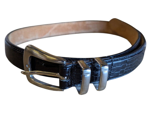 Black Croc-Embossed Leather Belt with Silver-Tone Buckle