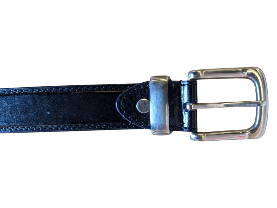 Black Leather Belt with Silver-Tone Buckle