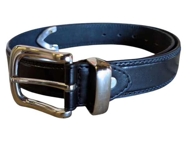Black Leather Belt with Silver-Tone Buckle