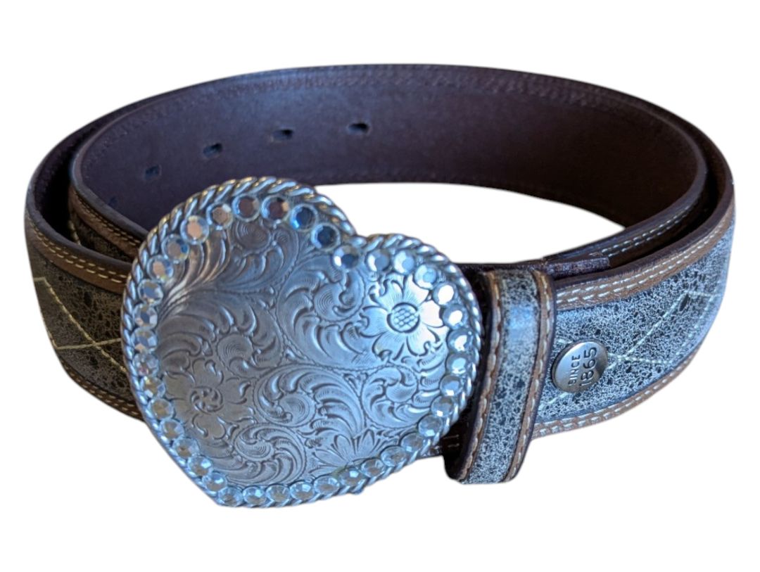 Stetson Full Grain Leather Belt with Rhinestone Heart Buckle