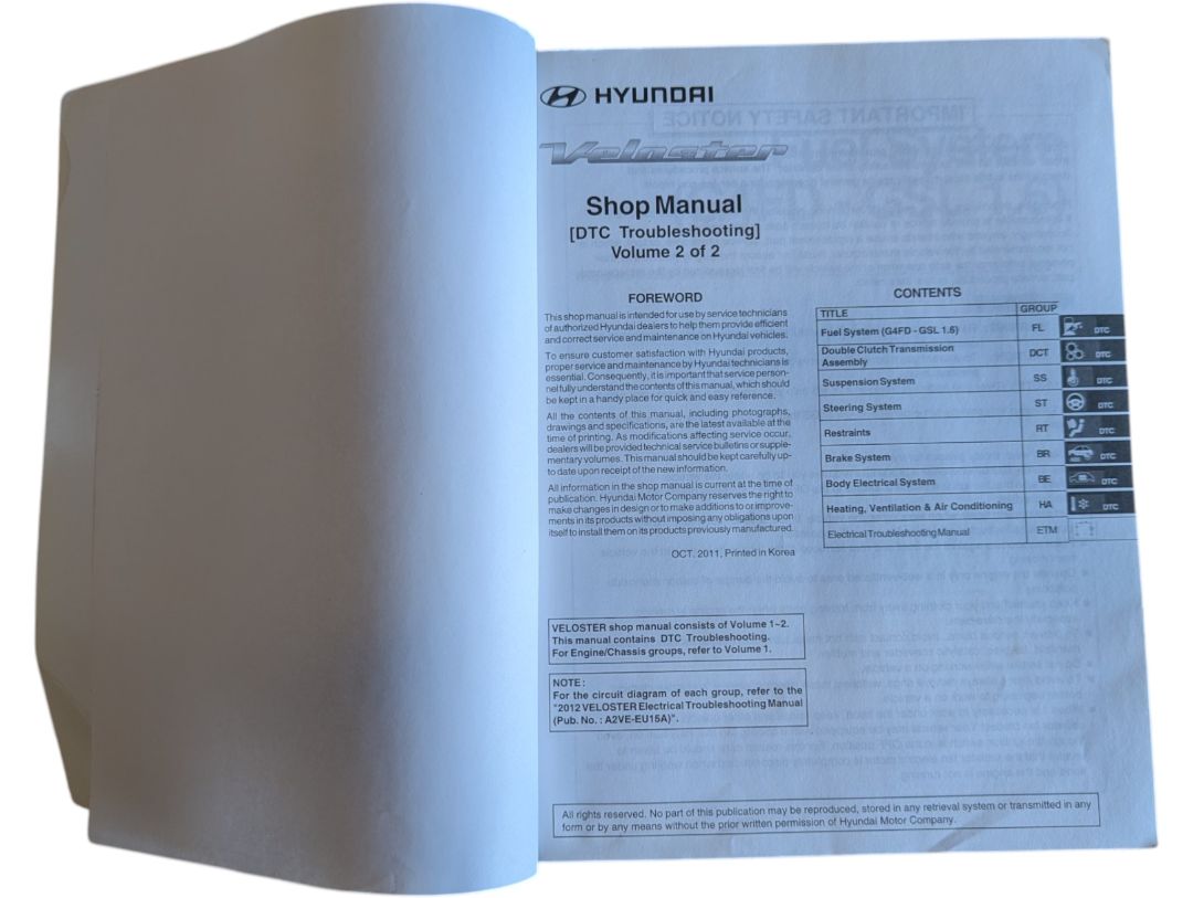 Hyundai Veloster 2012 Shop Manual Set – Volumes 1 & 2