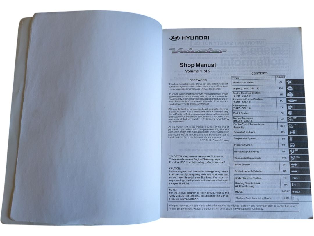 Hyundai Veloster 2012 Shop Manual Set – Volumes 1 & 2