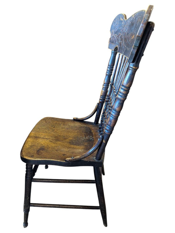 Vintage Pressback Wooden Chair with Turned Spindles & Portrait Medallion