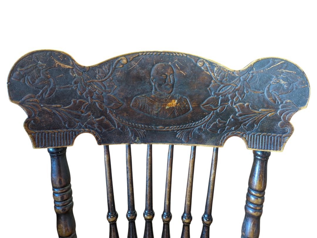 Vintage Pressback Wooden Chair with Turned Spindles & Portrait Medallion
