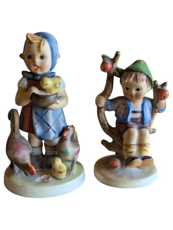 Vintage Goebel Hummel Porcelain Figurine Set – "Apple Tree Boy" & "Feeding Time"