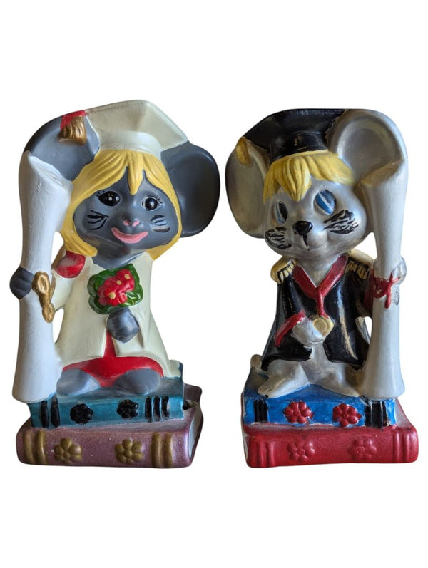 Vintage Hand-Painted Ceramic Graduation Mouse Bookends