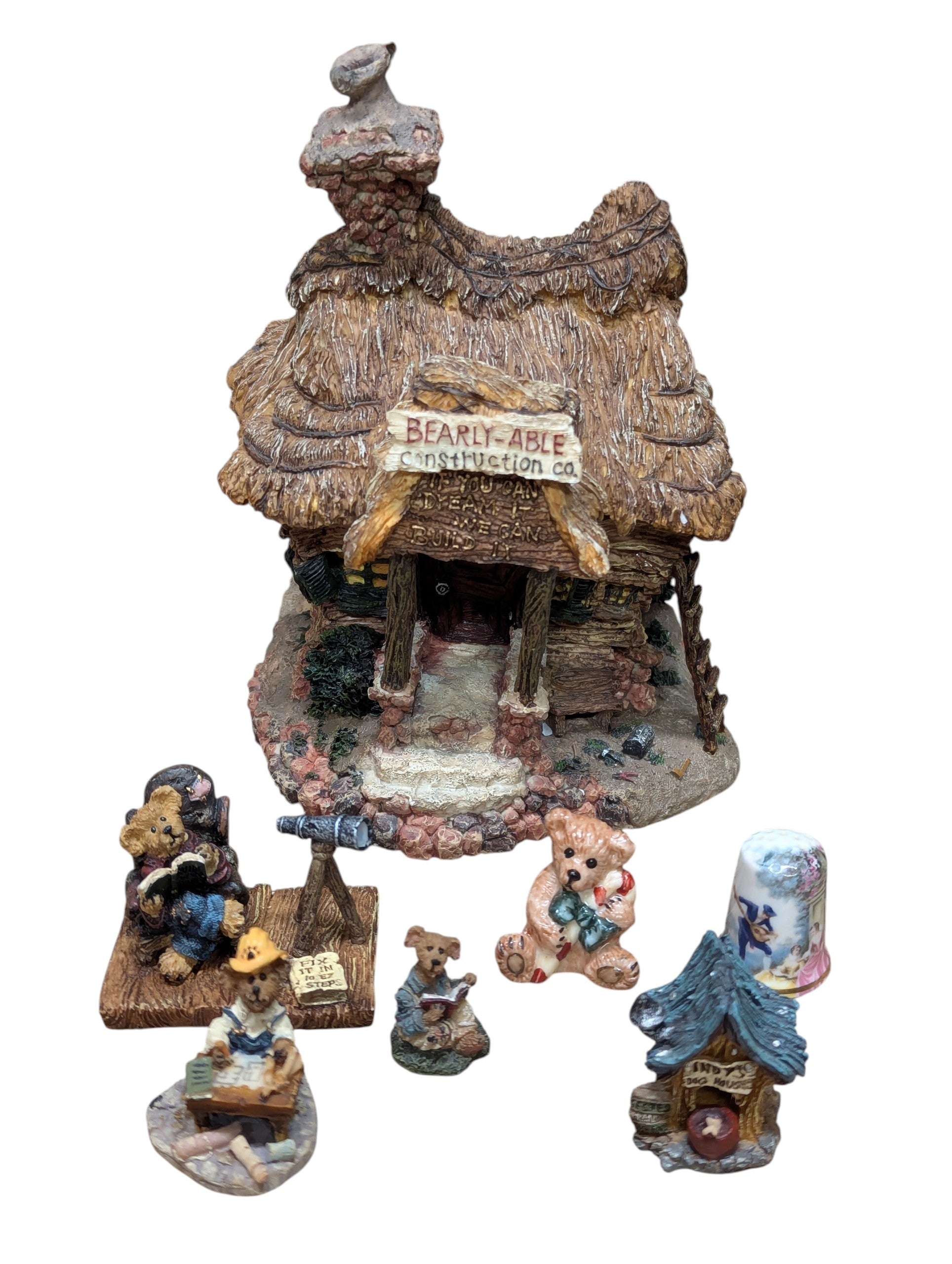 Boyds Bears & Friends Boyds Town Village Miniature Lot – Bearly-Able Construction, Figures, Dog House & Thimble