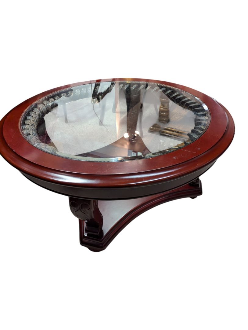 Oval Glass-Top Coffee Table with Carved Wood Base
