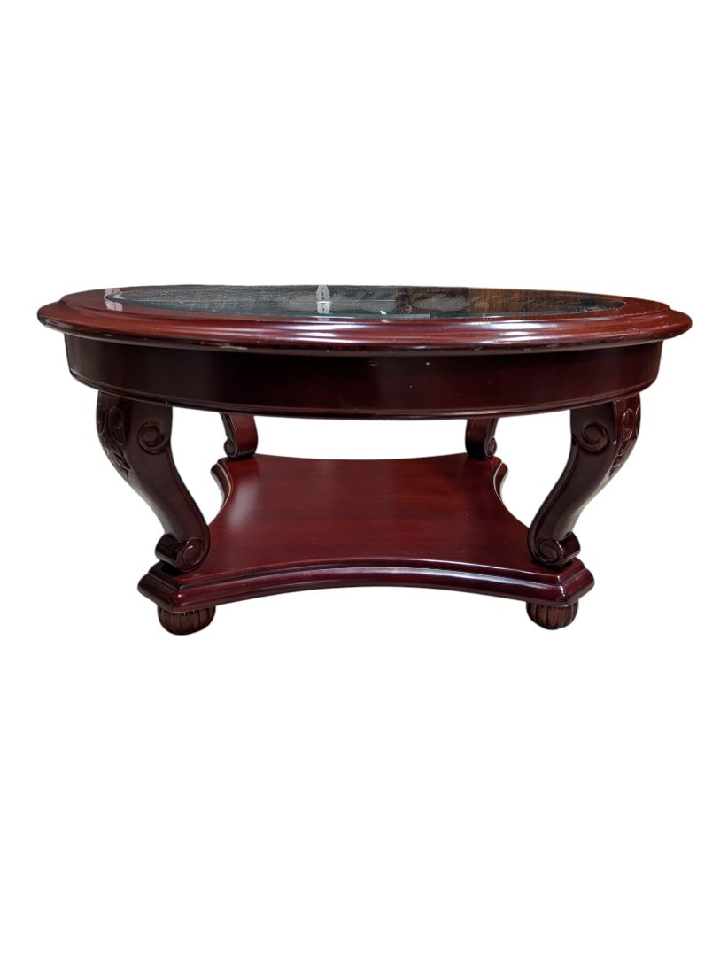 Oval Glass-Top Coffee Table with Carved Wood Base