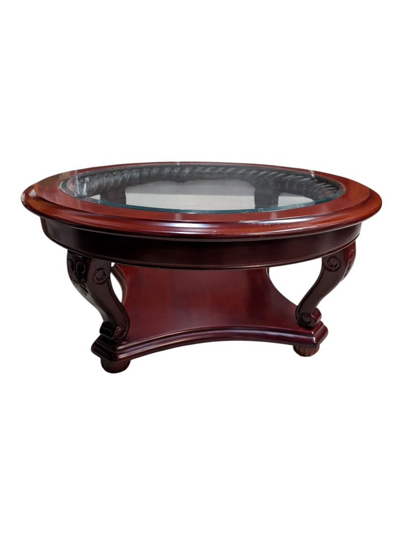 Oval Glass-Top Coffee Table with Carved Wood Base