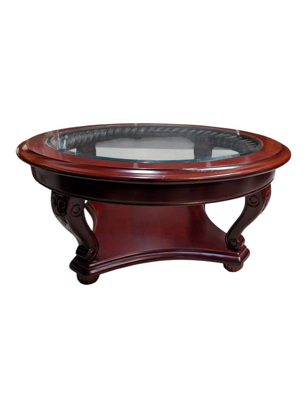 Oval Glass-Top Coffee Table with Carved Wood Base